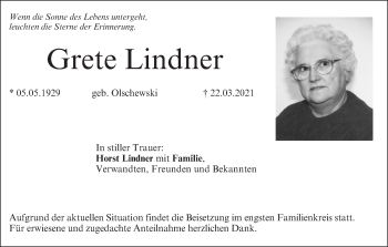 Anzeige von Grete Lindner von MGO