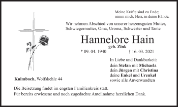 Anzeige von Hannelore Hain von MGO