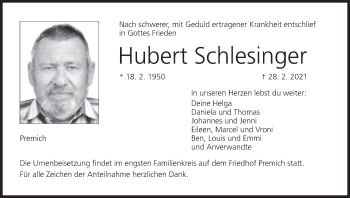 Anzeige von Hubert Schlesinger von MGO