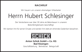 Anzeige von Hubert Schlesinger von MGO
