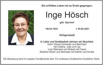Anzeige von Inge Hösch von MGO