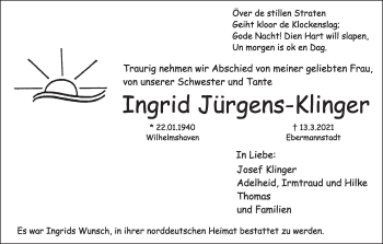 Anzeige von Ingrid Jürgens-Klinger von MGO