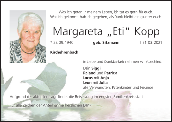 Anzeige von Margareta Kopp von MGO