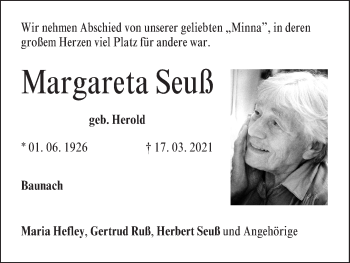 Anzeige von Margareta Seuß von MGO