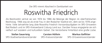 Anzeige von Roswitha Friedrich von MGO