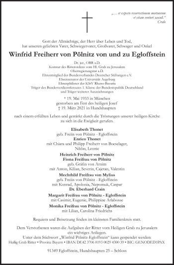 Anzeige von Winfrid von Pölnitz von und zu Egloffstein von MGO