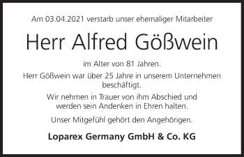 Anzeige von Alfred Gößwein von MGO