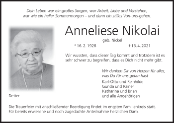 Anzeige von Anneliese Nikolai von MGO