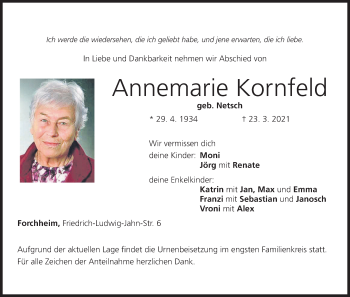 Anzeige von Annemarie Kornfeld von MGO