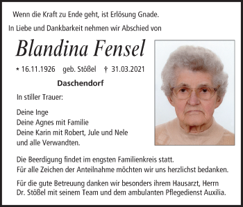 Anzeige von Blandina Fensel von MGO