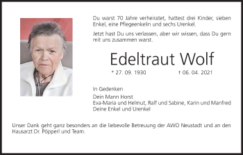 Anzeige von Edeltraut Wolf von MGO