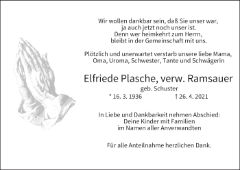 Anzeige von Elfriede Plasche von MGO