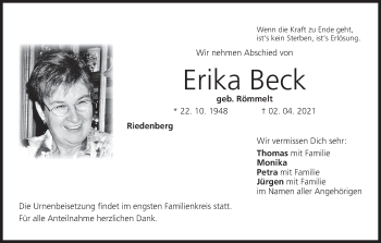 Anzeige von Erika Beck von MGO