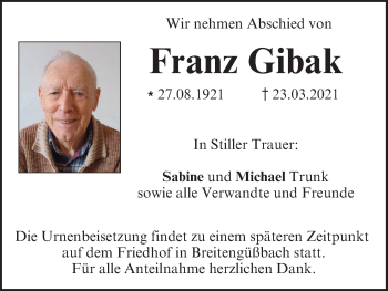 Anzeige von Franz Gibak von MGO