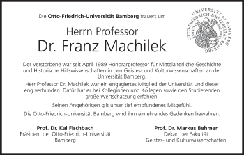 Anzeige von Franz Machilek von MGO