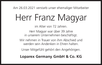 Anzeige von Franz Magyar von MGO