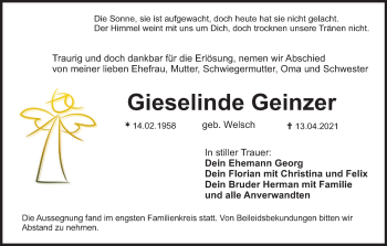 Anzeige von Gieselinde Geinzer von MGO