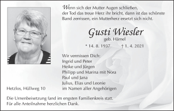 Anzeige von Gusti Wiesler von MGO