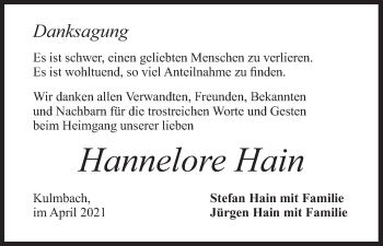 Anzeige von Hannelore Hain von MGO