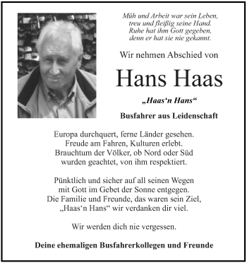 Anzeige von Hans Haas von MGO
