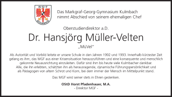 Anzeige von Hansjörg Müller-Velten von MGO