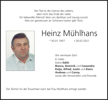 Anzeige von Heinz Mühlhans von MGO
