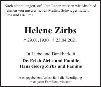 Anzeige von Helene Zirbs von MGO