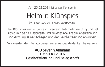 Anzeige von Helmut Klünspies von MGO
