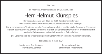 Anzeige von Helmut Klünspies von MGO