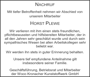 Anzeige von Horst Plewe von MGO