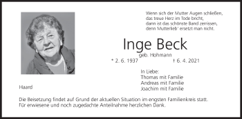 Anzeige von Inge Beck von MGO