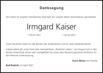 Anzeige von Irmgard Kaiser von MGO