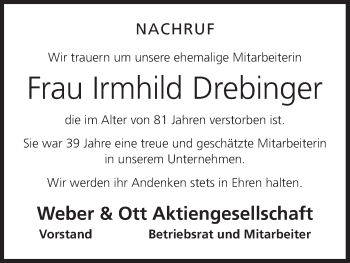 Anzeige von Irmhild Drebinger von MGO