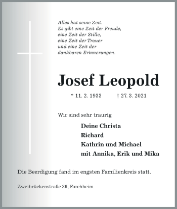 Anzeige von Josef Leopold von MGO