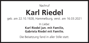 Anzeige von Karl Riedel von MGO