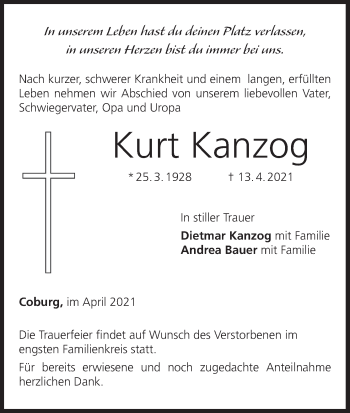 Anzeige von Kurt Kanzog von MGO
