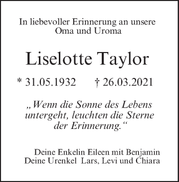 Anzeige von Liselotte Taylor von MGO