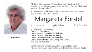 Anzeige von Margareta Förstel von MGO