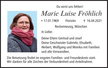 Anzeige von Marie Luise Fröhlich von MGO