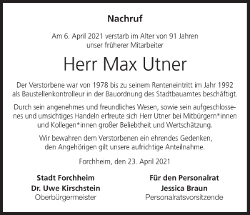 Anzeige von Max Utner von MGO
