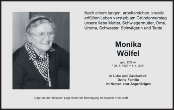 Anzeige von Monika Wölfel von MGO