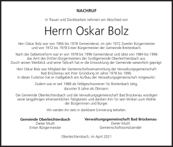 Anzeige von Oskar Bolz von MGO
