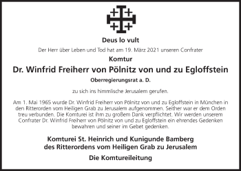 Anzeige von Winfrid Freiherr von Pölnitz von und zu Egloffstein von MGO