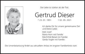 Anzeige von Gertrud Dieser von MGO