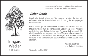 Anzeige von Irmgard Wedler von MGO