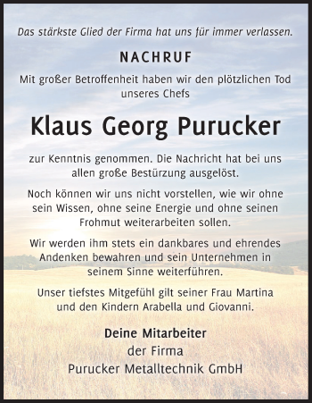 Anzeige von Klaus Georg Purucker von MGO