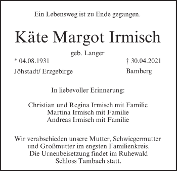 Anzeige von Käte Margot Irmisch von MGO