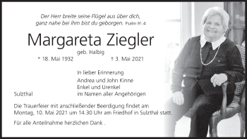 Anzeige von Margareta Ziegler von MGO