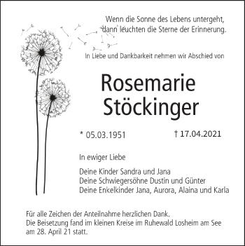 Anzeige von Rosemarie Stöckinger von MGO