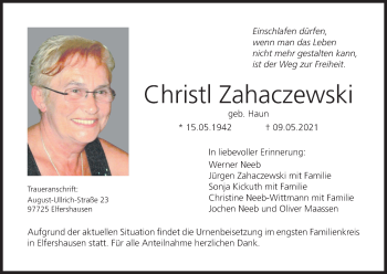 Anzeige von Christl Zahaczewski von MGO